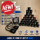 Black injection molded Deez Nuts numbering nuts 1-32 with white labels for professional cable management of pigtails