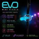 Blue led evo mini pixels with clear cylindrical housing and black wiring high density durable 12v waterproof light
