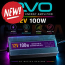 The evo-dea-100-12 12v 100w waterproof power supply in metallic gray with purple and white labels for easy holiday light power injection by mattos designs