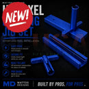 Blue aluminum pixel pushing jig set by mattos designs for effortless pixel installation and precise alignment