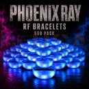 Blue glowing led phoenixray rf bracelets stacked in a pyramid starter set pre order now