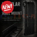 Black metal wall mount with vertical slats and adjustable brackets for securing a megatree pole