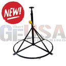 Black metal tripod stand with circular base and adjustable height for Sasquatch Legend Megatrees crank-up telescoping rgb system