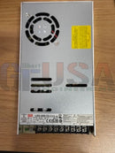 Silver metallic meanwell lrs-600-12 power supply unit with circular vented grille and labeled specs for rgb pixels