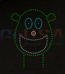 A glowing green led light-up bear face from hattitude quartet spinner singing by gilbert engineering usa against dark background