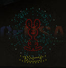 A glowing red bunny silhouette outlined in lights with green and yellow dots from hattitude quartet spinner singing by gilbert engineering usa