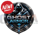 The ghost armor interactive photo op props feature a metallic silver and black hooded figure with glowing blue eyes in a circular emblem