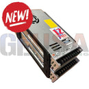 Silver metal power supply unit with black heat sinks and yellow 12 volt label in mattos designs enclosure build accessories