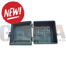 Black plastic md1500 weather resistant fiber optic junction box with hinged lid and internal mounting points
