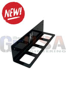 Black metal wall-mounted organizer with four rectangular cutouts for convenient storage of megatree pole