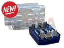 Clear plastic fuse block with blue base and silver metal terminals in iii-lok gel lok connectors product lineup