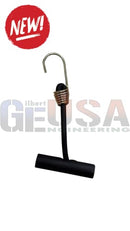 Black rubber-coated metal sasquatch bungee clip with coiled spring for securing mega tree pixel strips easily