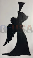 Black metal angel with horn wall art featuring sleek silhouette and laser cut perforated details by gilbert engineering usa
