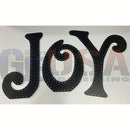 Black metal letter cutouts spelling joy with distressed riveted design from gilbert engineering usa laser cut for mini lights
