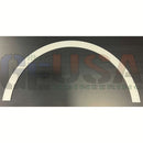 A white curved metal arch bracket with holes for mounting gilbert engineering usa single mini lights or double mini lights