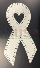 White ribbon-shaped metal plaque with heart cutout and perforated edges from gilbert engineering laser cut cancer ribbon products