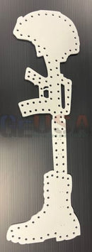 White perforated metal soldier silhouette laser cut battle cross by gilbert engineering in uniform design
