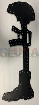 Black metal battle cross wall art by gilbert engineering laser cut with soldier helmet rifle and boot rivet details