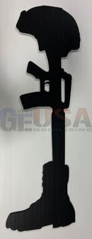 Black metal battle cross wall art by gilbert engineering laser cut with helmet rifle and boot design