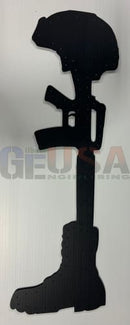 Black metal battle cross featuring laser cut military helmet rifle and boot by gilbert engineering