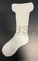 White plastic christmas stocking template with laser cut perforations for mini lights by gilbert engineering usa