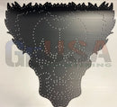 Black metal skull shaped wall art with brushed finish and dotted outline details from e-ville clown by gilbert engineering usa