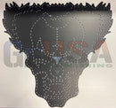 Black metal skull wall art called e-ville clown with textured brushed finish and white dot accents by gilbert engineering usa