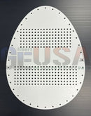 White laser cut gilbert engineering metal panel shaped like an egg with wavy zag perforations in two rows
