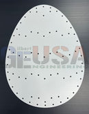 White egg shaped pegboard with black holes laser cut by gilbert engineering featuring a wavy zag design