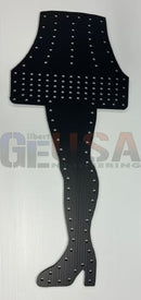 Black coro leg lamp pegboard with silver studs shaped like a leg with high heels by gilbert engineering usa laser cut