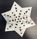 White star-shaped metal plaque with circular and triangular laser cut patterns by gilbert engineering usa flake a 12-25