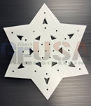White star-shaped metal plaque with triangular cutouts and holes by gilbert engineering usa laser cut flake a 12-25