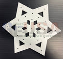 White star-shaped metal plate with geometric cutouts and holes from gilbert engineering usa laser cut flake b 12-25