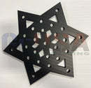 Black star-shaped metal cutout flake b 12-25 with geometric patterns and brushed finish by gilbert engineering usa laser cut