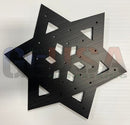 Black star-shaped metal plate flake b 12-25 with brushed finish and laser cut geometric cutouts by gilbert engineering usa