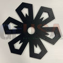 Black six-pointed metal pegboard with central hole and perforations laser cut by gilbert engineering usa flake b 18-50