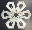 White six-pointed star-shaped metal plate with hexagonal arms and mounting holes flake b 18-50 laser cut by gilbert engineering usa