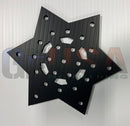 Black star-shaped metal plate with brushed finish and cut-out patterns by gilbert engineering usa laser cut flake d 12-25