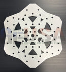 A white hexagonal metal cutout with a geometric pattern from gilbert engineering usa flake d 18-50