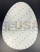 White egg-shaped easter eggs pegboard with evenly spaced black holes laser cut by gilbert engineering with wavy zag design