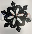 Black metal flower-shaped mounting plate with brushed finish and laser cut holes for gilbert engineering usa mini lights