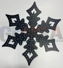 Black metal snowflake wall art with sleek perforated design laser cut by gilbert engineering usa flake n node measures