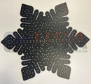 Black metal snowflake-shaped pegboard with perforated design laser cut by gilbert engineering usa products flake o