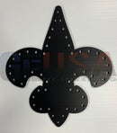 Black metal fleur de lis wall decor by gilbert engineering usa with brushed finish and laser cut circular holes