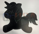 Black unicorn pegboard named fluffy the unicorn with a matte finish and laser cut holes by gilbert engineering usa