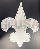 White metal fleur de lis decorative piece with dotted edge detailing laser cut by gilbert engineering usa