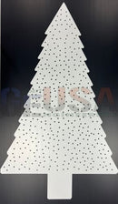 White perforated metal flat tree pegboard shaped like a christmas tree laser cut by gilbert engineering usa
