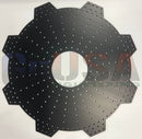 Black metal gear spinner pegboard by gilbert engineering usa with central hole and evenly spaced perforations