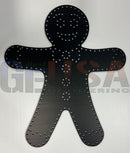 Black metallic laser cut gingerbread boy pegboard with white dotted outline by gilbert engineering usa