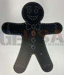 Black metallic laser cut gingerbread boy puzzle board by gilbert engineering usa with silver bead smiling face design